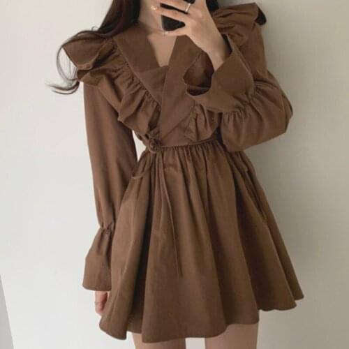 Brown Solid Ruffles Elegant Dress Woman Chic V-neck White Long-sleeve Bodycon Korean Street Short Dresses Female Spring Clothing