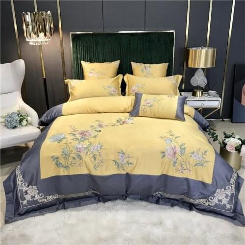 Luxury Chinese Style Flowers Embroidery 600TC Satin Like Silk Cotton Bedding Set Duvet Cover Bed Linen Fitted Sheet Pillowcases