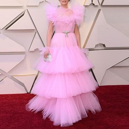 Pink Tulle Evening Dresses Robe De Soiree Evening Gowns Celebrity Princess Plus Size Custom made Tiered Formal Dress Puffy