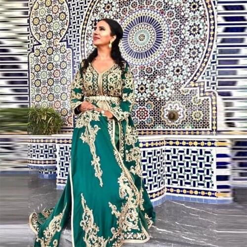 Green Moroccan Kaftan Evening Dress Long Sleeves Embroidery Muslim Prom Gown A-line Arabic Special Occasion Gown Formal Dress