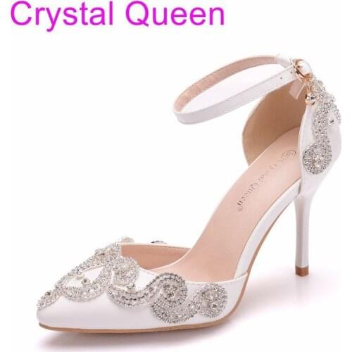 Women sandals wedding Party banquet PU Rhinestones Buckle Strap 9.5CM Thin High Heels Pointed Toe sandal women shoes size 35-42