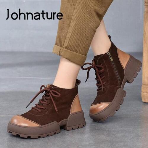Johnature Ankle Boots Women Shoes Genuine Leather 2021 New Mixed Colors Concise Round Toe Handmade Sewing Leisure Platform Boots