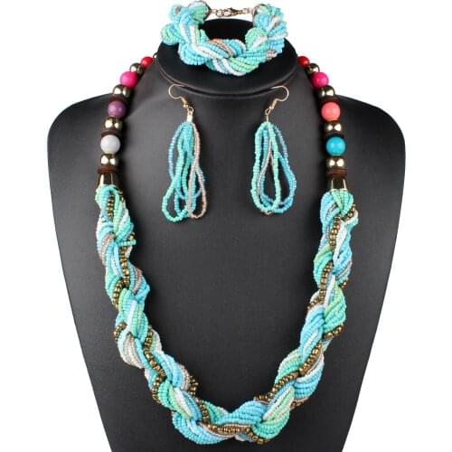 Claire Jin Ethnic Handmade Small Beads Strand Twisted Bohemian Jewelry Set Three Pieces Necklace Bracelet Earrings for Women