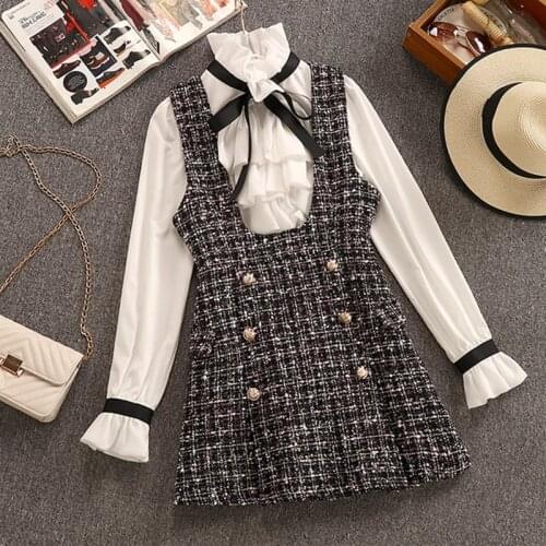 Mozuleva 2020 Winter 2 Piece Set Overalls Dress Elegant Ruffles Chiffon Bow Shirt Top+Double Breasted Plaid Tweed Vest Dress