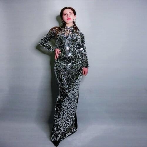 Women Black Silver Mirror Long Dress Female Birthday Celebration Luxurious Dress Evening Party Stars Singer Host Stage Costume