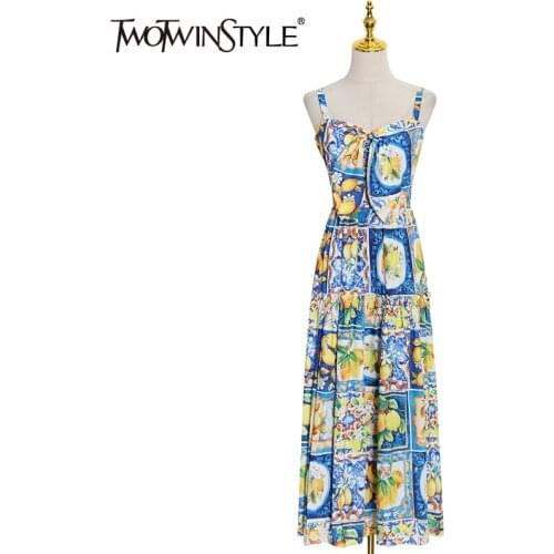 TWOTWINSTYLE Vintage Colorblock Womens Dress Square Collar Sleeve High Waist Patchwork Rched Maxi Dresses Female 2021 Summer