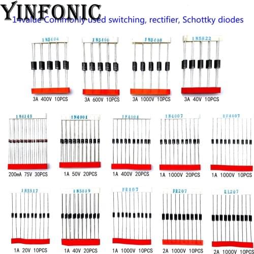 14 value 200pcs diode kit Commonly used switching rectifier Schottky 1N5404 5406 5408 5822 5817 FR107 207 RL207 UF4007 1N4007