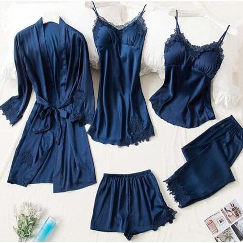 2021 Ladies Sexy Blue Silk Satin Pajamas Set Female Lace Pyjama Set Sleepwear Autumn Summer Home Wear Nightwear For Women Pijama