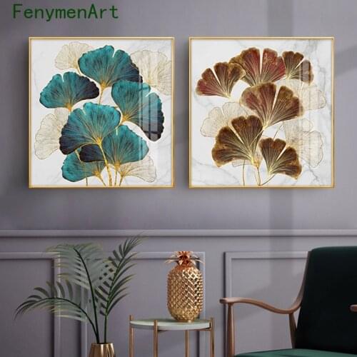Abstract Canvas Painting Blue Green Golden Plant Leaves Poster Print Nordic Wall Art Modern Picture Room Home Entrance Decor