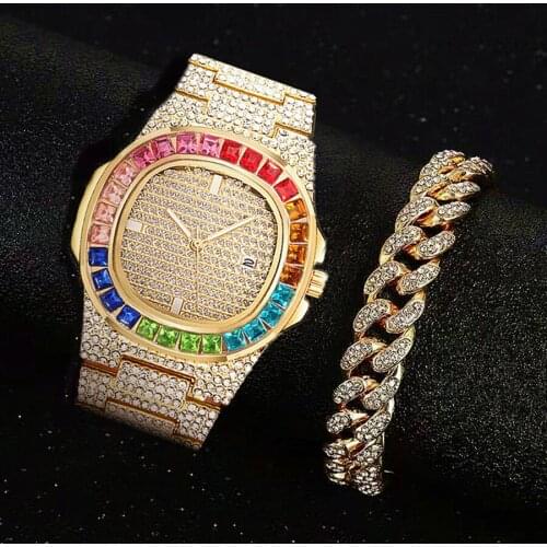 Bracelet Watch for Men Top Brand for Men Luxury Iced Out Gold Watch Hip Hop Quartz Wristwatch Relogio Masculino Women Mens Watch