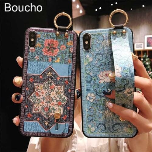 Boucho Wrist Strap Phone Cases For iPhone 8 Retro Flower Case For iPhone X XS Max XR 6 6S 7 8 Plus Matte Soft Silicone Cover