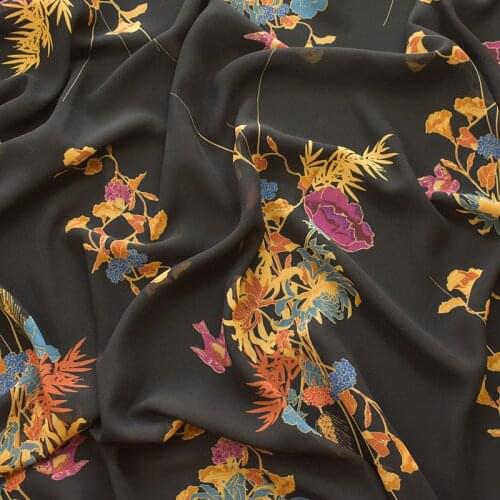 Black floral printed chiffon fabric soft comfortable clothing tissue for DIY women dress scarf patchwork upholstery