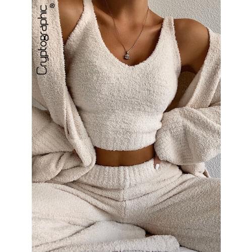 Cryptographic Fur Two Piece Outfits Sexy Backless Crop Tops Women Outfits Matching Set Top and High Waist Pants Party Clubwear