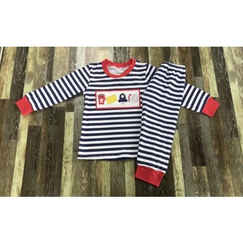 Childrens boutique striped red round collar train bell cartoon print pajamas set
