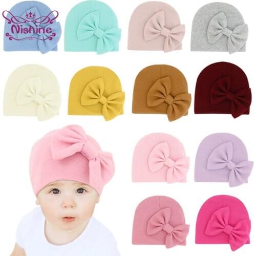 Double Layer Warm Knitting Cotton Infant Hats Solid Color Handmade Bowknot Newborn Caps Fashion Bows Headwear Baby Accessories