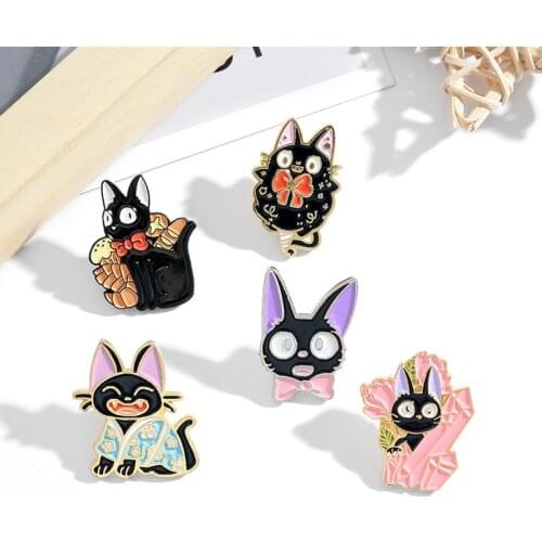 Black Cat JiJi Enamel Pins Cartoon Movie Brooches Custom Animal Hat Clothes Collar Bag Lapel Pin Shirt Badge Jewelry Gift Kids