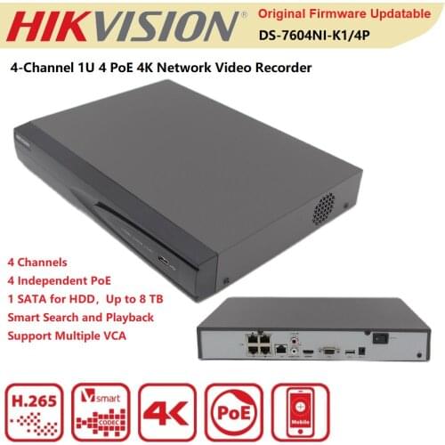 Hikvision NVR 4 CH DS-7604NI-K1/4P 4K 1U 4 POE Surveillance Network Video Recorder Smart Search and Playback