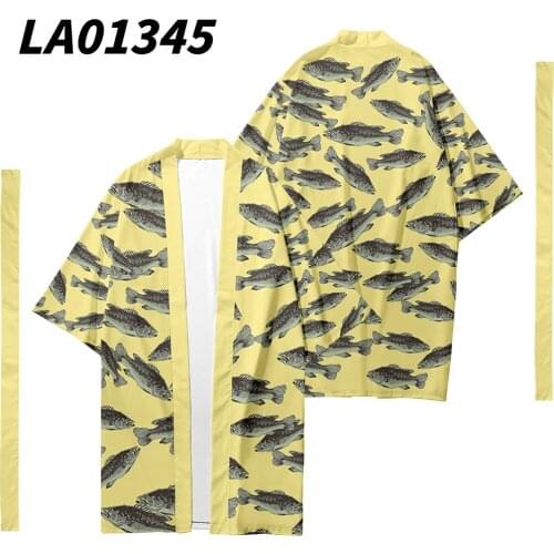 Oversize 6XL Fish Printed Long Style Japanese Kimono Cardigan With Belt Couple Women Men Casual Asian Clothes Harajuku