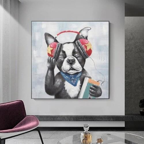 Kids Room Wall Decoration Cartoon Painting Cute Dog Listening Music Wall Art Picture Hand-painted Cartoon Oil Painting Canvas