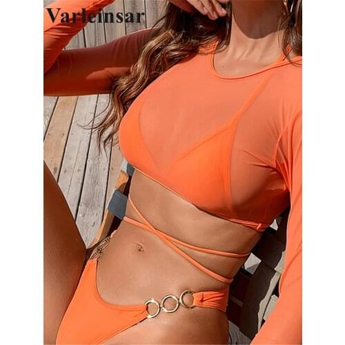 4 Colors Wrap Around Long Sleeve Bikini Women Swimwear Female Swimsuit Three-pieces Bikini set Bather Bathing Suit Swim V3215
