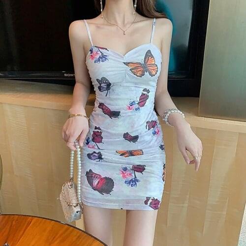 New Arrivals Fashion Mesh Dresses For Women Summer 2021 Butterfly Print Sexy Spaghetti Strap Womens Dress White Vestidos