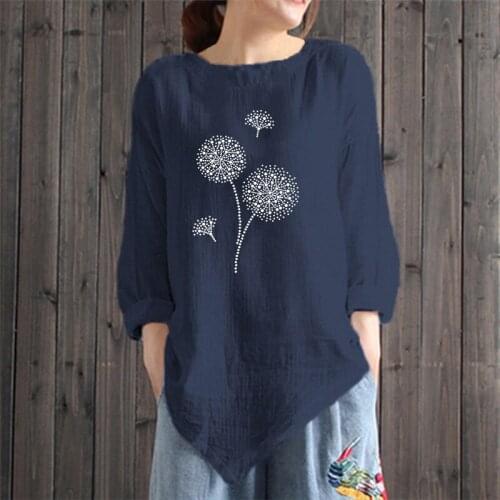 Dandelion Printing T Shirt Casual Plus Size O-Neck Lantern Long Sleeve Women Harajuku Elegant Tops Spring Autumn Irregular Hem