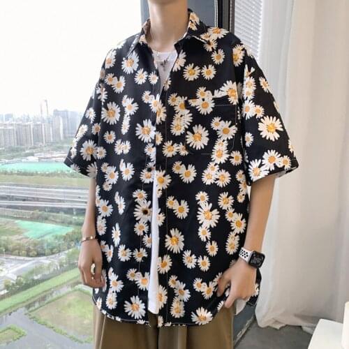 Hot Daisy Shirt Man Short-sleeved Korean Fashion Casual Loose Five-minute Sleeve Youth Handsome Flower Shirt Mens Shirt