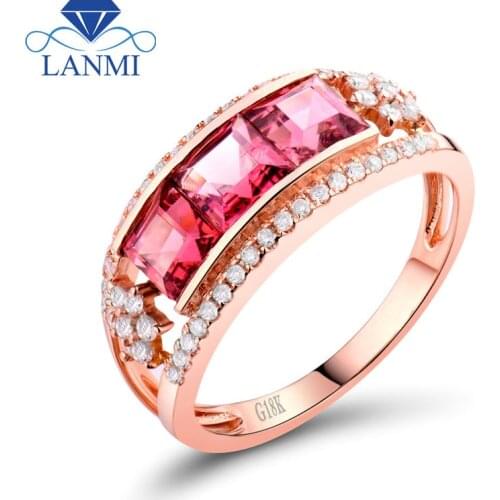 Princess Cut 4.5mm Solid 18K Rose Gold Natural Pink Tourmaline Diamond Ladies Wedding Rings WU43