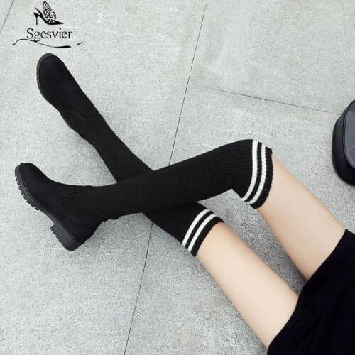 Sgesvier 2021 Winter Over The Knee Women Boots Stretch Fabrics Thick Heel Slip on Shoes Round Toe Woman Socks Boots Size 30-44