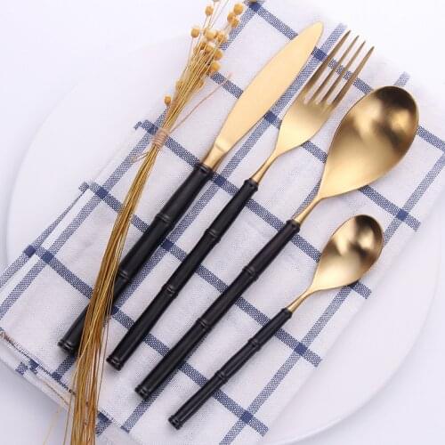 24-pieces Gold Matte Stainless Steel Vintage Tableware Flatware 18/10 Dinner Knife Fork Spoon Creative Bamboo Handle Cutlery Set