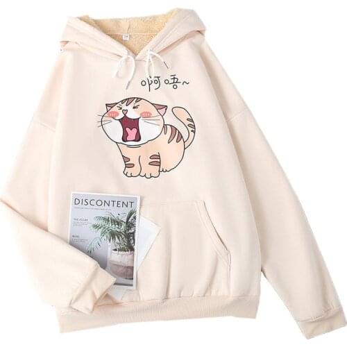 Kawaii Cartoon Anime Ah Woo Cat Harajuku Sweatshirt Women Hoodies Plush Thicken Autumn Winter New Hooded Coat Student Pullover