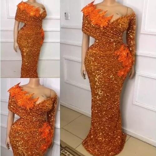 2021 Orange Sequined Prom Dresses Lace Beaded Off Shoulder Long Sleeves Pageant Wedding Party Evening Gowns