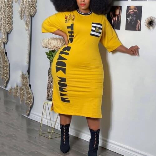 African Ladies Yellow Dress Letter Print Bodycon Pulovers Mid Calf Fashion Elegant Evening Night Party Club Clothe Dresses New
