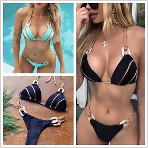 Low waist bikini swimsuit ladies push-up swimwear bronzing cloth stitching straps summer beachwear swimwear