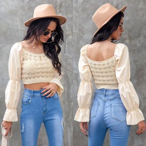 2021 Spring Autumn Womens Knitted Elastic Crop Tops Cute Sweet Shirt Retro Square Collar Lantern Sleeve Blouse Women Sweaters