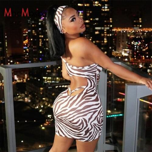 Women Sleeveless Sexy One Shoulder Hollow Out Backless Dress Zebra Striped Printed Casual Bodycon Dresses 2021 Spring Summer New