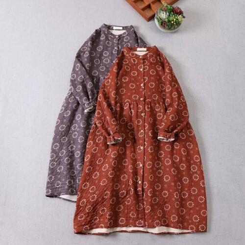 Spring Japanese Mori Girl Literary Floral Cotton Dress Loose Double Layer Cotton Long Sleeve Stand Collar A-Line Dress