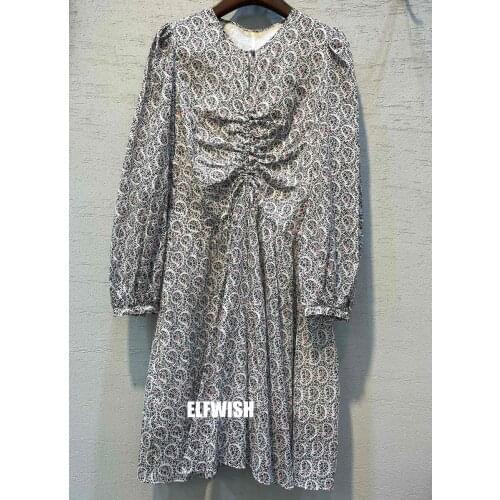 Women Vintage Printed Cotton Short Dress Round Neck Cinched Front Long Sleeves