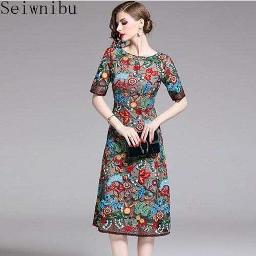 2019 Summer Women Brand Designer Mesh Floral Embroidery Dresses Short Sleeve Patchwork Hollow Out Slim Ruffles A-Line Dress