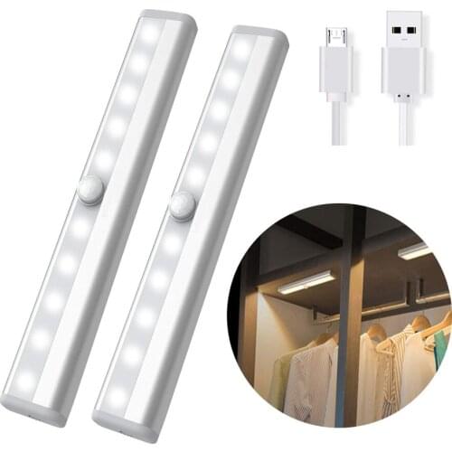 10 LED USB Sensor Lamp Rechargeable Motion Sensor Under Cabinet Light Wireless LED Night Light Bar for Closet Kitchen Bedroom