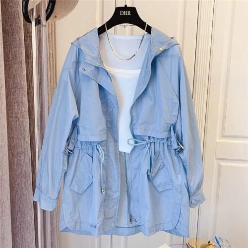 2021 Summer Women Heavy Lndustry Sun Protection Clothin Embroidered Letters Coat Loose Mid-Length Hooded Zipper Jacket Coat A78