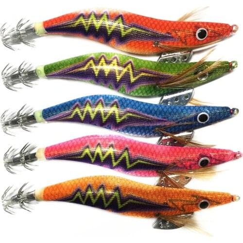 5Pcs Luminous Squid Jigs 3.5# 13.5cm 20g Wood Shrimp with Octopus Squid Jig Hooks Hard Bait Cuttlefish Fishing Lure