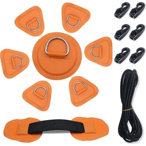 7Pck D-Ring Patch Kayak D Ring Pads & 20Ft Strong Elastic Bungee Shock Cord with Hooks Bungee Deck Rigging Kit