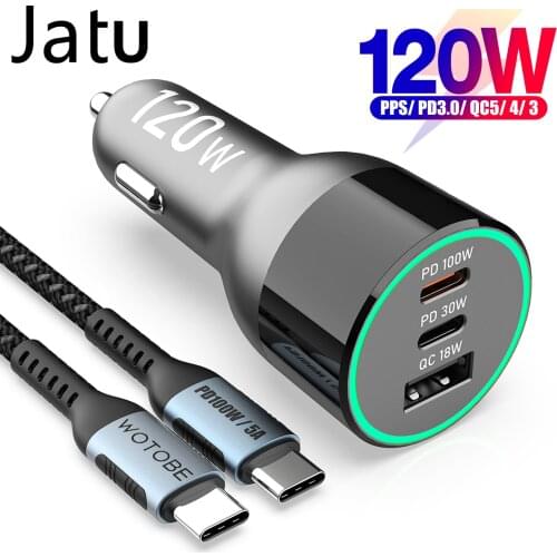 120W 3-Port USB C Car Charger, QC4.0 PD 100W PPS 45W 30W QC3.0 18W for Huawei Xiaomi Type-C laptop HP Dell iPad iphone 12 S21/20