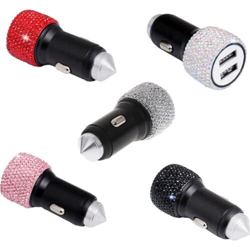 Dual USB Car Charger Bling Bling Handmade Rhinestones Crystal Car Decorations for Fast Charging Car Decors Diamond Safety