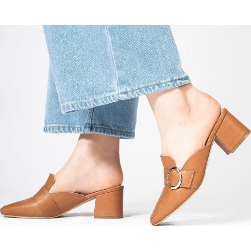 Callizio Women Genuine Leather Heeled Slipper Square Toe Summer Sandals for Woman 2021 Natural Shoes with Buckle туфли женские