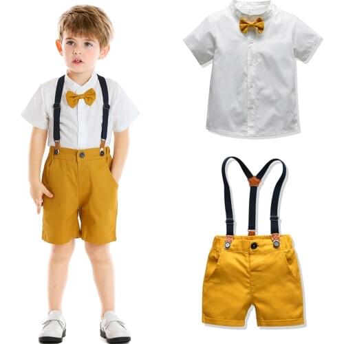 Childrenswear Summer Hot Selling Pure White Stand Collar Short-sleeved Shirt Suspender Pants Set Baby Clothing