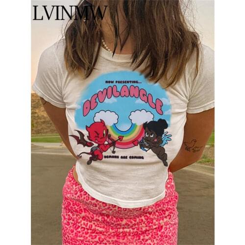 LVINMW T Shirt Devil And Angle Basic Slim Short Sleeve Tees Printing Casual Fashion Simple Crop Top Navel Crew Neck Streetwear