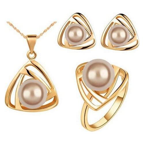 Fine jewelry 925 sterling silver suitable for ladies wedding pearl set triangle gold bronze necklace earrings ring set yw015