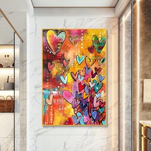 Colorful and Beautiful Love Hearts Canvas Painting Abstract Modern Prints and Poster Wall Art Picture for Living Room Home Decor